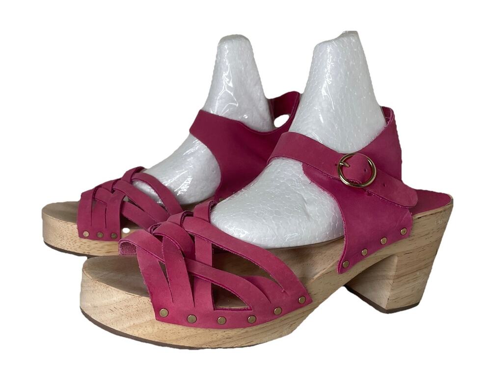 Loft Ann Taylor Hot Pink Strappy Leather Wood Clog Sandals Sz 8 - Boho - Read